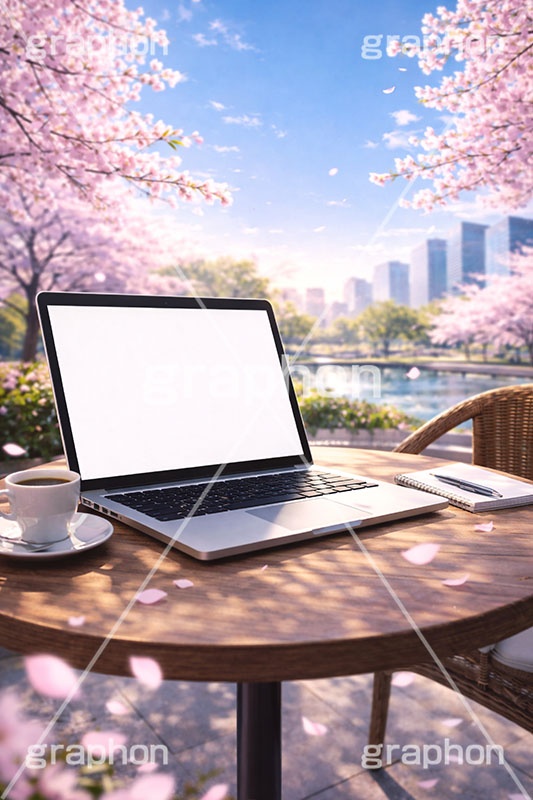 春のカフェ,カフェ,新社会人,新入社員,仕事,ビジネス,都会,満開,桜,さくら,サクラ,花見,ブロッサム,春,花,花びら,花弁,背景,blossom,spring,flower,business,cafe,AI生成素材