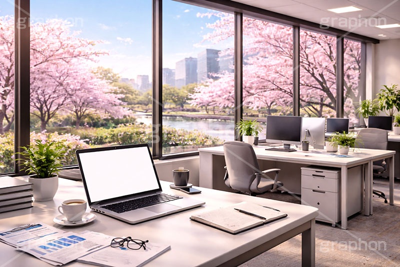 春のオフィス,オフィス,職場,デスク,新社会人,新入社員,仕事,ビジネス,都会,満開,桜,さくら,サクラ,花見,ブロッサム,春,花,花びら,花弁,背景,blossom,spring,flower,business,office,AI生成素材