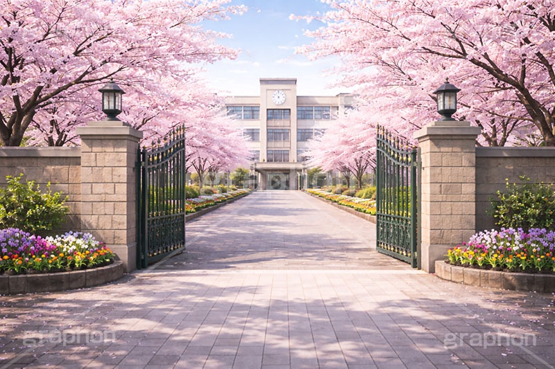 春の学校,新学期,入学,学校,校門,小学校,中学校,小学生,中学生,通学,満開,桜,さくら,サクラ,花見,ブロッサム,春,花,花びら,花弁,背景,blossom,spring,flower,school,AI生成素材