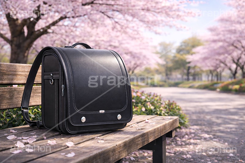 新入学,ランドセル,入学式,新学期,入学,学校,小学校,小学生,通学,公園,満開,桜,さくら,サクラ,花見,ブロッサム,春,花,花びら,花弁,背景,blossom,spring,flower,school,AI生成素材