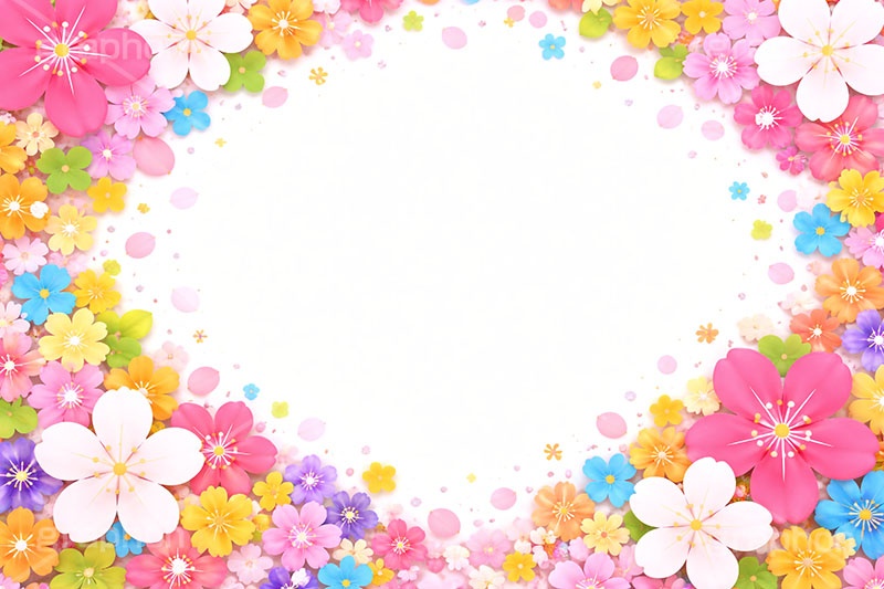 カラフル桜フレーム,カラフル,フレーム,桜,さくら,サクラ,花見,ブロッサム,春,花,花びら,花弁,背景,華やか,ポップ,POP,colorful,bg,blossom,spring,flower,frame,AI生成素材