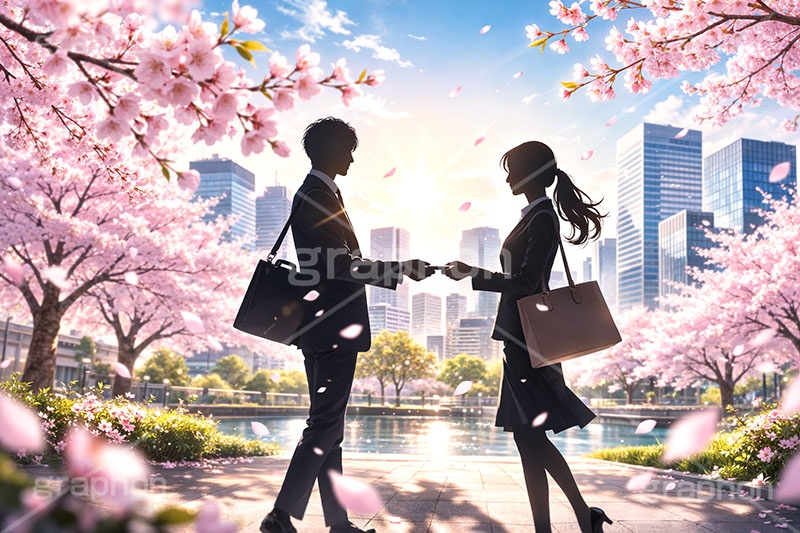 名刺交換,名刺,新社会人,新入社員,仕事,ビジネス,サラリーマン,スーツ,シルエット,OL,男性,女性,人物,都会,満開,桜,さくら,サクラ,花見,ブロッサム,春,花,花びら,花弁,背景,blossom,spring,flower,business,silhouette,AI生成素材