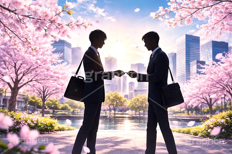 名刺交換,名刺,新社会人,新入社員,仕事,ビジネス,サラリーマン,スーツ,シルエット,OL,男性,人物,都会,満開,桜,さくら,サクラ,花見,ブロッサム,春,花,花びら,花弁,背景,blossom,spring,flower,business,silhouette,AI生成素材
