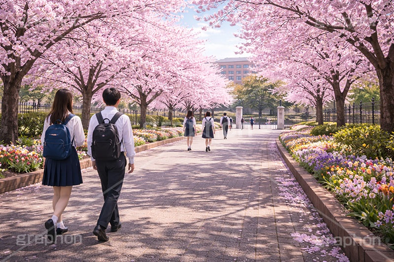 新学期,入学,学校,校門,高校,中学校,中学生,高校生,通学,制服,出会い,カップル,女性,男性,男子,女子,人物,桜並木,満開,桜,さくら,サクラ,花見,ブロッサム,春,花,花びら,花弁,背景,blossom,spring,flower,school,AI生成素材