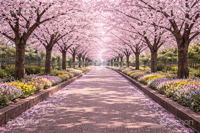 桜並木,満開,桜,さくら,サクラ,トンネル,花見,ブロッサム,春,花,花びら,花弁,背景,blossom,spring,flower,AI生成素材