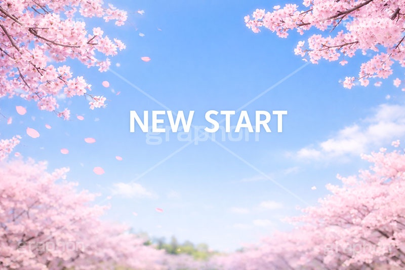 NEW START,新生活,新社会人,新入学,桜と青空,青空,空,満開,花吹雪,爽やか,さわやか,桜,さくら,サクラ,花見,ブロッサム,春,花,花びら,花弁,背景,blossom,spring,flower,AI生成素材