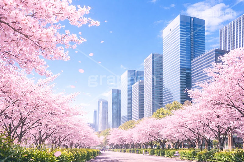 都会の桜,都会,ビル,ビル群,新生活,新社会人,新入学,桜と青空,青空,空,満開,花吹雪,爽やか,さわやか,桜,さくら,サクラ,花見,ブロッサム,春,花,花びら,花弁,背景,blossom,spring,flower,building,AI生成素材