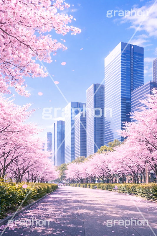 都会の桜,都会,ビル,ビル群,新生活,新社会人,新入学,桜と青空,青空,空,満開,花吹雪,爽やか,さわやか,桜,さくら,サクラ,花見,ブロッサム,春,花,花びら,花弁,背景,blossom,spring,flower,building,AI生成素材