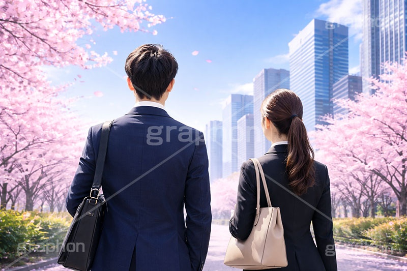 新社会人,新入社員,仕事,ビジネス,サラリーマン,スーツ,シルエット,OL,男性,女性,人物,都会,満開,桜,さくら,サクラ,花見,ブロッサム,春,花,花びら,花弁,背景,blossom,spring,flower,business,silhouette,AI生成素材