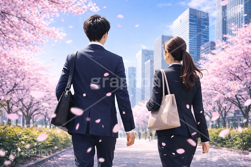 新社会人,新入社員,仕事,ビジネス,サラリーマン,スーツ,シルエット,OL,男性,女性,人物,都会,満開,桜,さくら,サクラ,花見,ブロッサム,春,花,花びら,花弁,背景,blossom,spring,flower,business,silhouette,AI生成素材