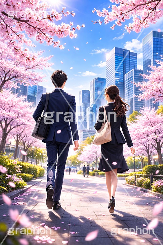 新社会人,新入社員,仕事,ビジネス,サラリーマン,スーツ,シルエット,OL,男性,女性,人物,都会,満開,桜,さくら,サクラ,花見,ブロッサム,春,花,花びら,花弁,背景,blossom,spring,flower,business,silhouette,AI生成素材