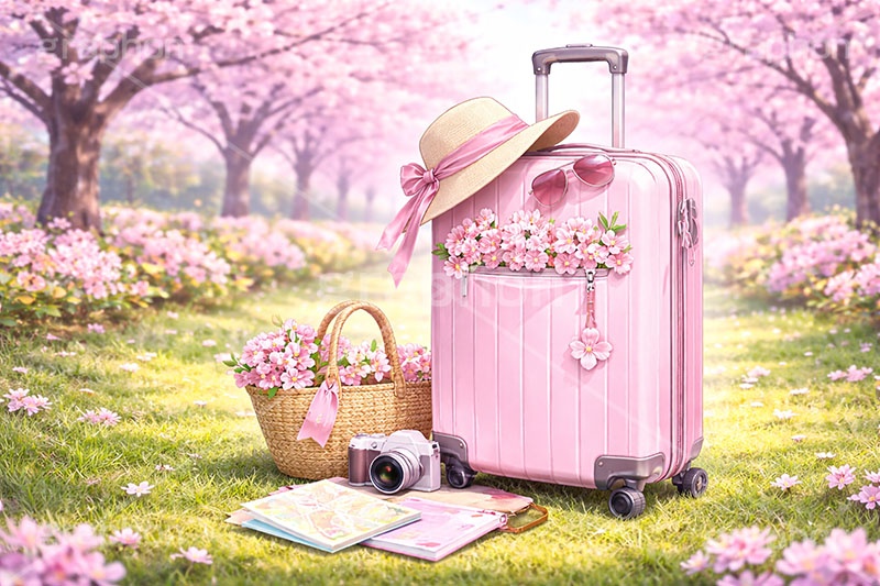 春旅,出会い,旅,旅行,旅,海外旅行,国内旅行,荷物,キャリーバッグ,キャリーケース,バッグ,帽子,ハット,地図,マップ,公園,満開,桜,さくら,サクラ,花見,ブロッサム,春,花,花びら,花弁,ガーリー,blossom,spring,flower,bag,hat,travel,AI生成素材