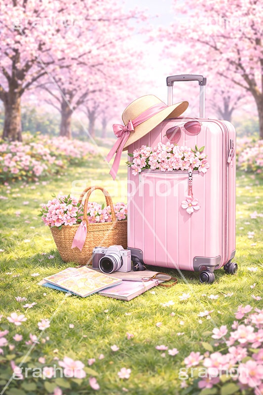 春旅,出会い,旅,旅行,旅,海外旅行,国内旅行,荷物,キャリーバッグ,キャリーケース,バッグ,帽子,ハット,地図,マップ,公園,満開,桜,さくら,サクラ,花見,ブロッサム,春,花,花びら,花弁,ガーリー,blossom,spring,flower,bag,hat,travel,AI生成素材