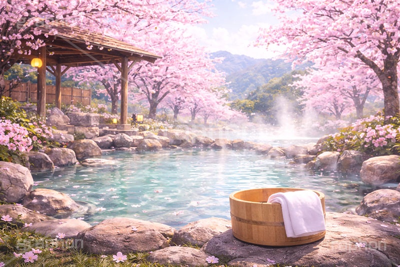 春の温泉,温泉,露天風呂,風呂,宿,旅館,民宿,春旅,出会い,旅,旅行,旅,国内旅行,桶,タオル,満開,桜,さくら,サクラ,花見,ブロッサム,春,花,花びら,花弁,,blossom,spring,flower,travel,AI生成素材