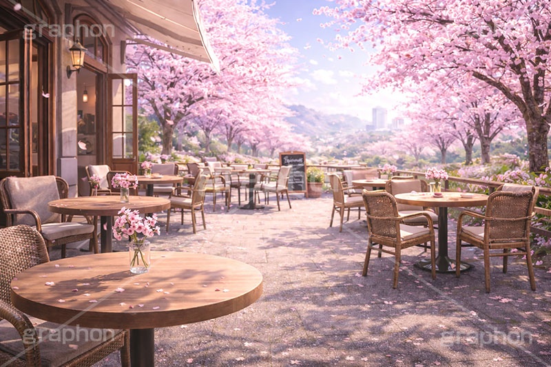 春のカフェ,カフェ,新社会人,新入社員,仕事,ビジネス,都会,満開,桜,さくら,サクラ,花見,ブロッサム,春,花,花びら,花弁,背景,blossom,spring,flower,business,cafe,AI生成素材