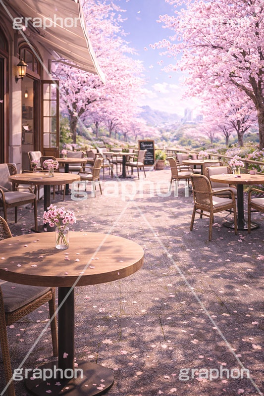 春のカフェ,カフェ,新社会人,新入社員,仕事,ビジネス,都会,満開,桜,さくら,サクラ,花見,ブロッサム,春,花,花びら,花弁,背景,blossom,spring,flower,business,cafe,AI生成素材