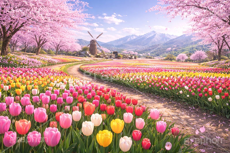 チューリップ畑,チューリップ,公園,満開,桜,さくら,サクラ,花見,ブロッサム,春,花,花びら,花弁,blossom,spring,flower,tulip,AI生成素材