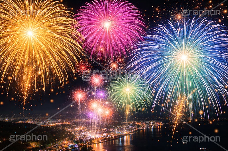 打ち上げ花火,花火,はなび,花火大会,祭り,夏祭り,夏,火花,風物詩,打ち上げ,打上,打上花火,華火,煙火,綺麗,きれい,キレイ,火薬,火,季語,まつり,派手,スターマイン,アニバーサリー,anniversary,fireworks,AI生成素材