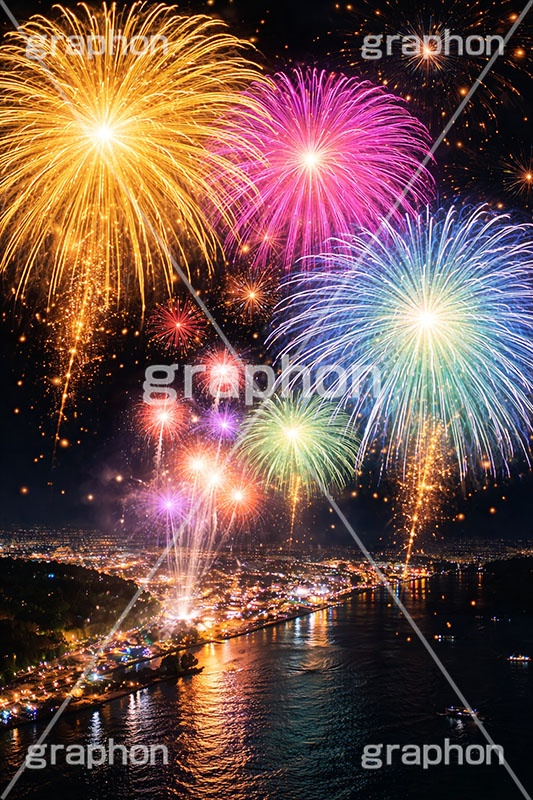 打ち上げ花火,花火,はなび,花火大会,祭り,夏祭り,夏,火花,風物詩,打ち上げ,打上,打上花火,華火,煙火,綺麗,きれい,キレイ,火薬,火,季語,まつり,派手,スターマイン,アニバーサリー,anniversary,fireworks,AI生成素材