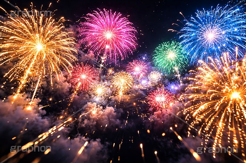 打ち上げ花火,花火,はなび,花火大会,祭り,夏祭り,夏,火花,風物詩,打ち上げ,打上,打上花火,華火,煙火,綺麗,きれい,キレイ,火薬,火,季語,まつり,派手,スターマイン,アニバーサリー,anniversary,fireworks,AI生成素材