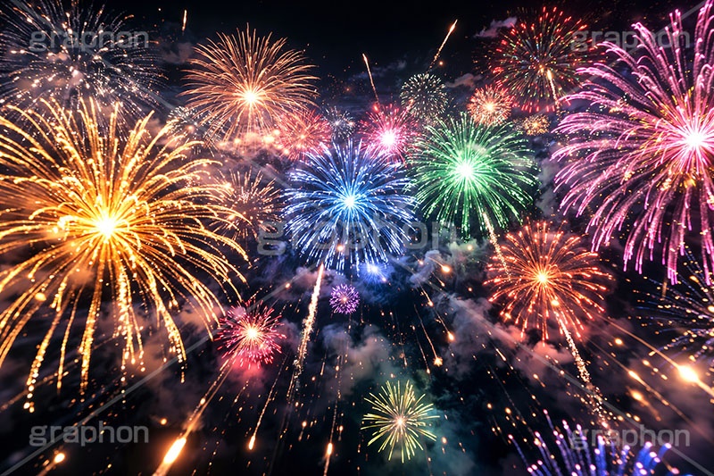 打ち上げ花火,花火,はなび,花火大会,祭り,夏祭り,夏,火花,風物詩,打ち上げ,打上,打上花火,華火,煙火,綺麗,きれい,キレイ,火薬,火,季語,まつり,派手,スターマイン,アニバーサリー,anniversary,fireworks,AI生成素材