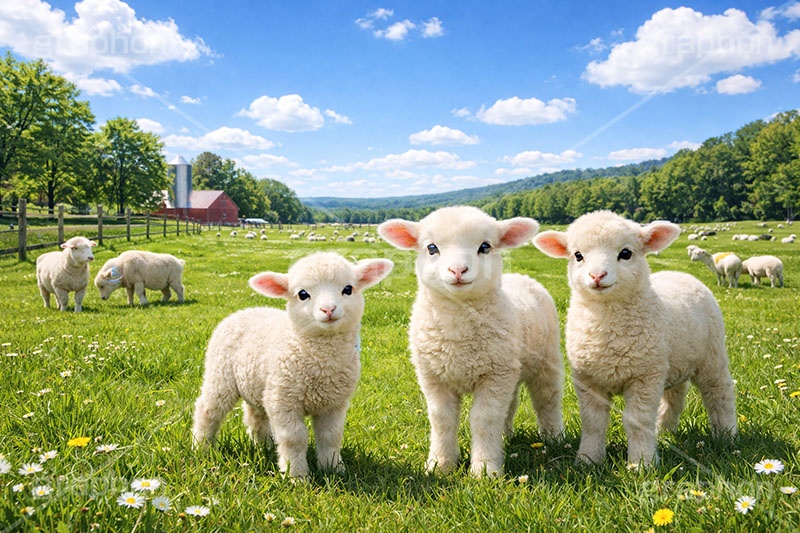 仔羊,子羊,羊,ひつじ,ヒツジ,シープ,未,未年,干支,可愛い,かわいい,カワイイ,もこもこ,モコモコ,牧場,草原,sheep,cute,AI生成素材