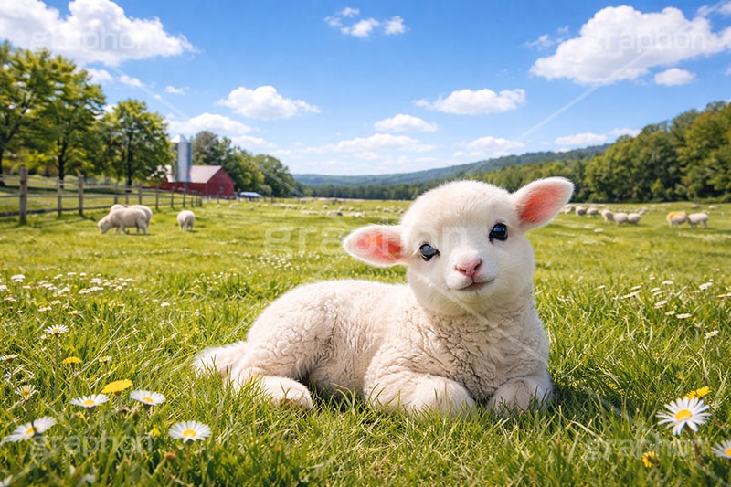 仔羊,子羊,羊,ひつじ,ヒツジ,シープ,未,未年,干支,可愛い,かわいい,カワイイ,もこもこ,モコモコ,牧場,草原,sheep,cute,AI生成素材