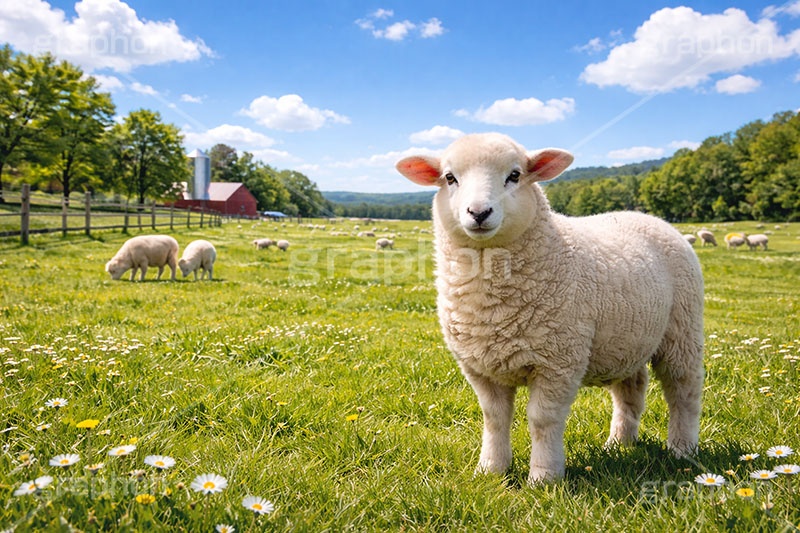 羊,ひつじ,ヒツジ,シープ,未,未年,干支,可愛い,かわいい,カワイイ,もこもこ,モコモコ,牧場,草原,sheep,cute,AI生成素材