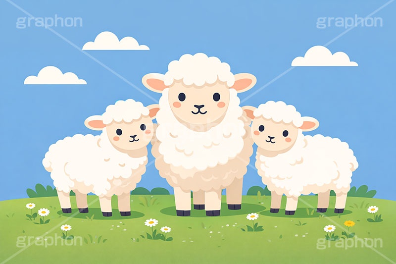 羊の親子,羊,ひつじ,ヒツジ,シープ,未,未年,干支,草原,可愛い,かわいい,カワイイ,もこもこ,モコモコ,イラスト,illustration,sheep,cute,AI生成素材