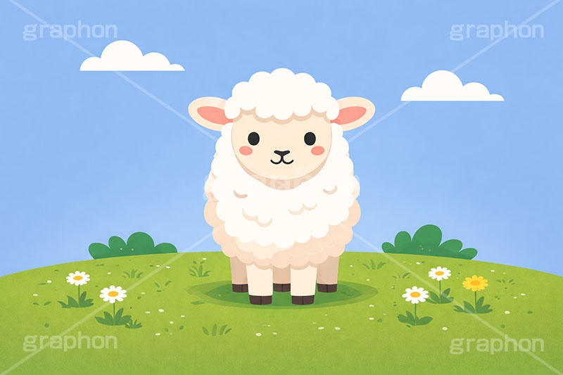 ひつじ,羊,ヒツジ,シープ,未,未年,干支,草原,可愛い,かわいい,カワイイ,もこもこ,モコモコ,イラスト,illustration,sheep,cute,AI生成素材