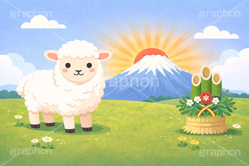 未年,年賀状,お正月,正月,富士山,初日の出,門松,羊,ひつじ,ヒツジ,シープ,未,未年,干支,草原,可愛い,かわいい,カワイイ,もこもこ,モコモコ,イラスト,illustration,sheep,cute,japan,AI生成素材