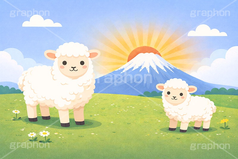 羊の親子,未年,年賀状,お正月,正月,富士山,初日の出,羊,ひつじ,ヒツジ,シープ,未,未年,干支,草原,可愛い,かわいい,カワイイ,もこもこ,モコモコ,イラスト,illustration,sheep,cute,japan,AI生成素材