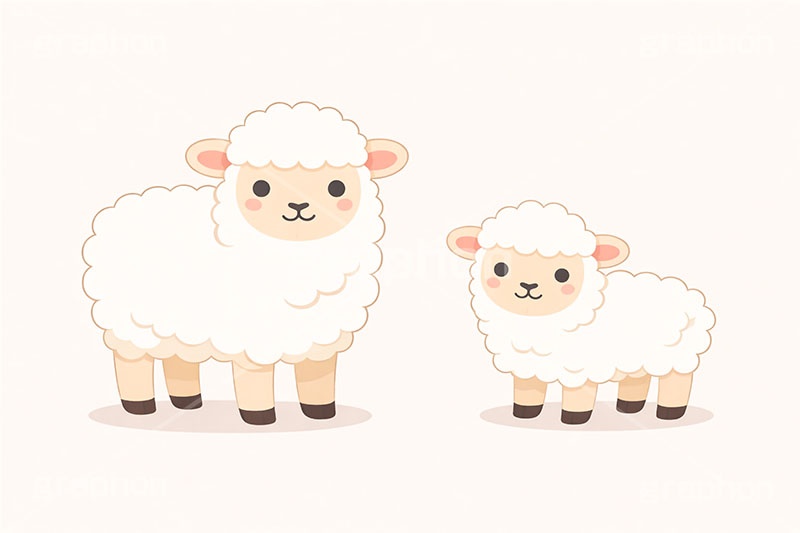 羊の親子,羊,ひつじ,ヒツジ,シープ,未,未年,干支,可愛い,かわいい,カワイイ,もこもこ,モコモコ,イラスト,illustration,sheep,cute,AI生成素材