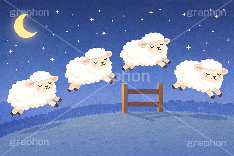 ヒツジが一匹,数え,入眠,眠る,睡眠,夢,夜空,夜,月,羊,ひつじ,ヒツジ,シープ,未,未年,干支,可愛い,かわいい,カワイイ,もこもこ,モコモコ,イラスト,illustration,sheep,cute,AI生成素材