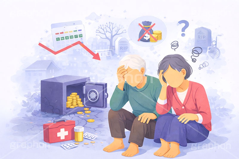 お金の悩み,不安,老後,高齢化,家計,貯金,銀行,積立,積み立て,投資,資産運用,資産,金,お金,マネー,チャート上昇,チャート,コイン,通貨,株,株価,株価指数,上昇,急騰,下落,暴落,企業,決算,円安,仮想通貨,不動産,金利,グラフ,トレード,ローソク足,損失,ニュース,記事,金庫,人物,高齢者,お年寄り,女性,男性,夫婦,news,NISA,経済,GDP,chart,graph,money,trade,coin,bank,AI生成素材