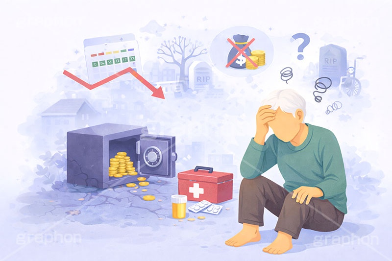 お金の悩み,不安,老後,高齢化,家計,貯金,銀行,積立,積み立て,投資,資産運用,資産,金,お金,マネー,チャート上昇,チャート,コイン,通貨,株,株価,株価指数,上昇,急騰,下落,暴落,企業,決算,円安,仮想通貨,不動産,金利,グラフ,トレード,ローソク足,損失,ニュース,記事,金庫,人物,高齢者,お年寄り,男性,news,NISA,経済,GDP,chart,graph,money,trade,coin,bank,AI生成素材