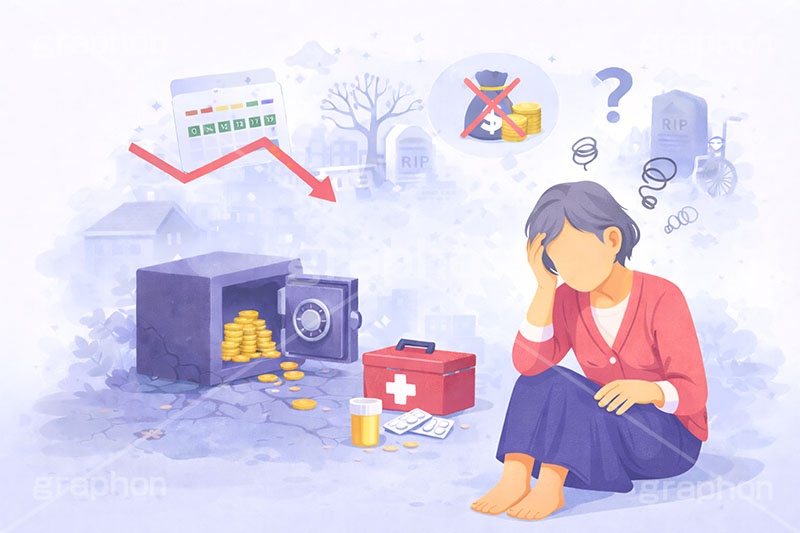 お金の悩み,不安,老後,高齢化,家計,貯金,銀行,積立,積み立て,投資,資産運用,資産,金,お金,マネー,チャート上昇,チャート,コイン,通貨,株,株価,株価指数,上昇,急騰,下落,暴落,企業,決算,円安,仮想通貨,不動産,金利,グラフ,トレード,ローソク足,損失,ニュース,記事,金庫,人物,高齢者,お年寄り,女性,news,NISA,経済,GDP,chart,graph,money,trade,coin,bank,AI生成素材