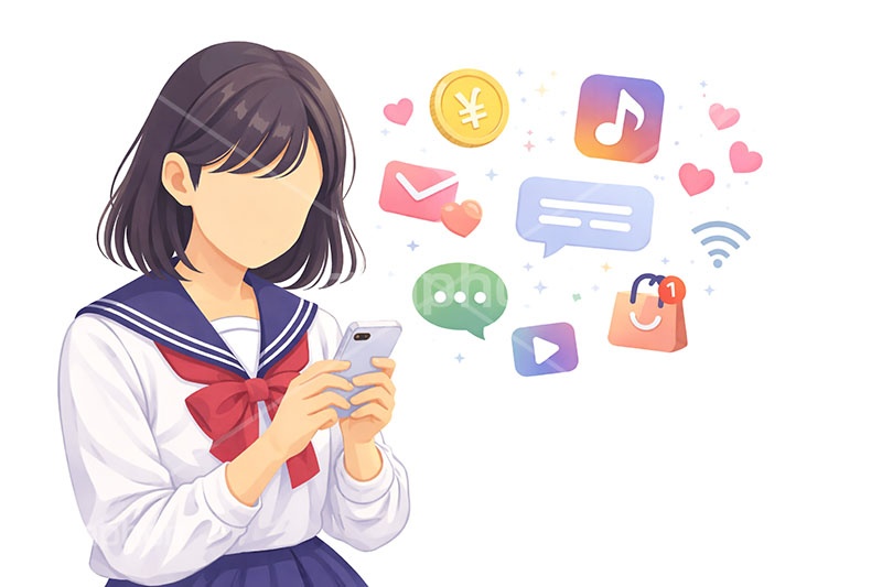 スマホ依存,依存,依存症,SNS,スマホ,スマートフォン,通知,デジタル,コミュニケーション,いいね,グッド,バッド,お気に入り,コメント,吹き出し,フキダシ,共有,ポップアップ,UI,炎上,トレンド,フォロワー,フォロー,誹謗中傷,誹謗,中傷,プラットフォーム,メディア,アイコン,ニュース,記事,人物,学生,中学生,女子,女性,セーラー服,制服,news,icon,digital,phone,bell,good,bad,communication,media,AI生成素材