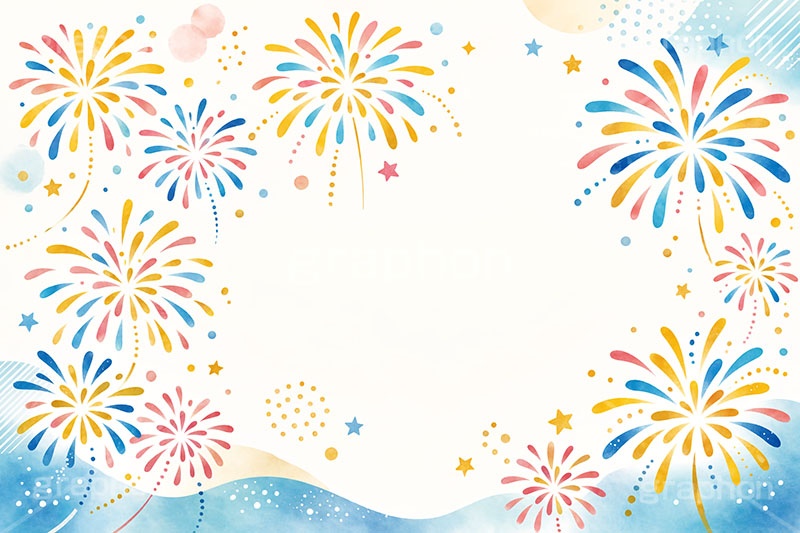 花火フレーム,花火柄,花火,打上げ,打ち上げ,夏祭り,祭り,夜,花火大会,夏,風物詩,季語,模様,もよう,柄,がら,サマー,和,和風,水彩,フレーム,frame,summer,fireworks,japan,AI生成素材