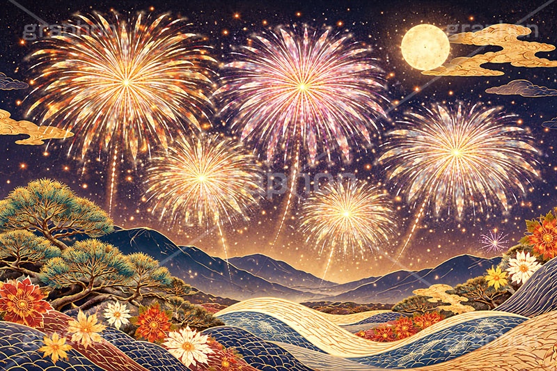 花火柄,和柄,和,和風,花火,打上げ,打ち上げ,夏祭り,祭り,夜,花火大会,夏,風物詩,季語,模様,もよう,柄,がら,サマー,summer,fireworks,japan,AI生成素材