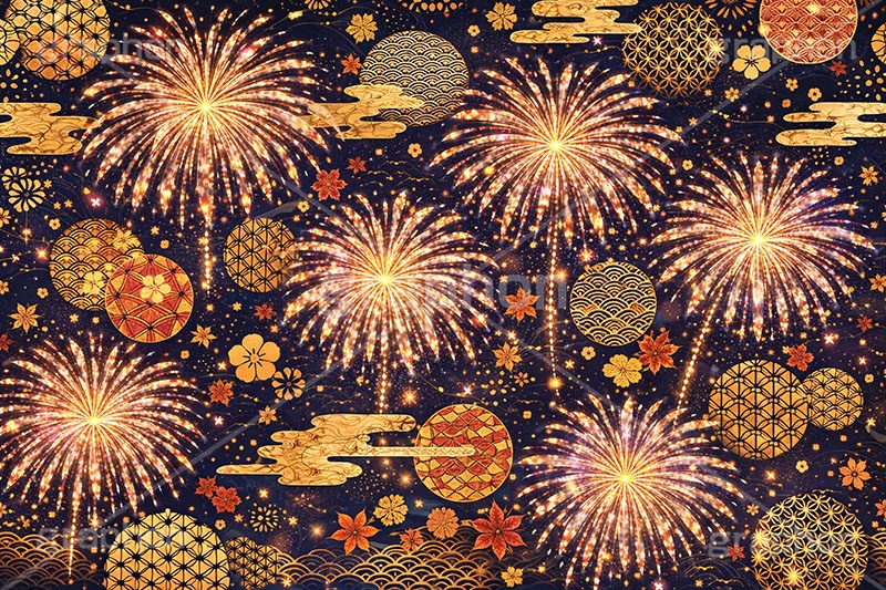 花火柄,和柄,和,和風,花火,打上げ,打ち上げ,夏祭り,祭り,夜,花火大会,夏,風物詩,季語,模様,もよう,柄,がら,サマー,summer,fireworks,japan,AI生成素材