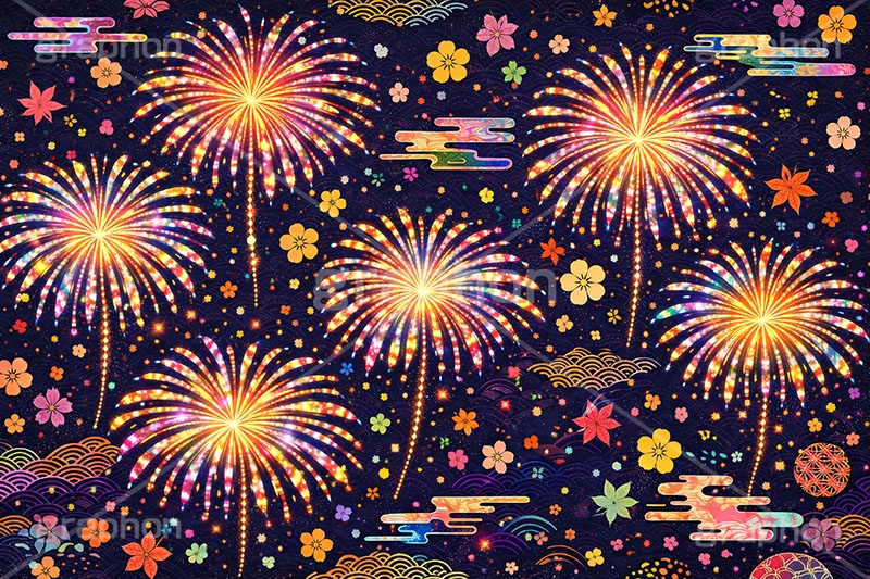 花火柄,和柄,和,和風,花火,打上げ,打ち上げ,夏祭り,祭り,夜,花火大会,夏,風物詩,季語,模様,もよう,柄,がら,サマー,summer,fireworks,japan,AI生成素材