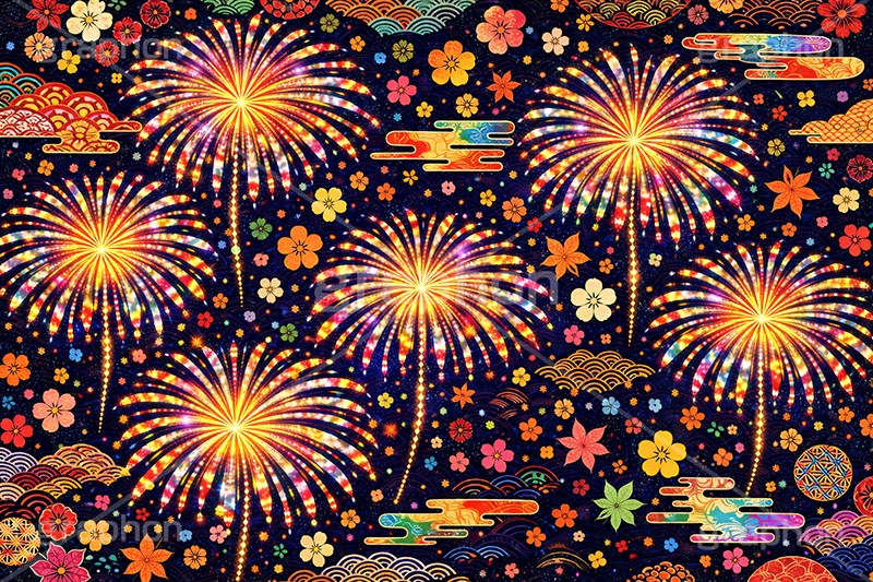 花火柄,和柄,和,和風,花火,打上げ,打ち上げ,夏祭り,祭り,夜,花火大会,夏,風物詩,季語,模様,もよう,柄,がら,サマー,summer,fireworks,japan,AI生成素材