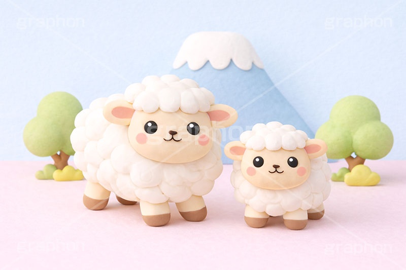 羊の親子,クレイ,粘土,未年,年賀状,お正月,正月,富士山,羊,ひつじ,ヒツジ,シープ,未,未年,干支,可愛い,かわいい,カワイイ,もこもこ,モコモコ,sheep,cute,japan,clay,AI生成素材