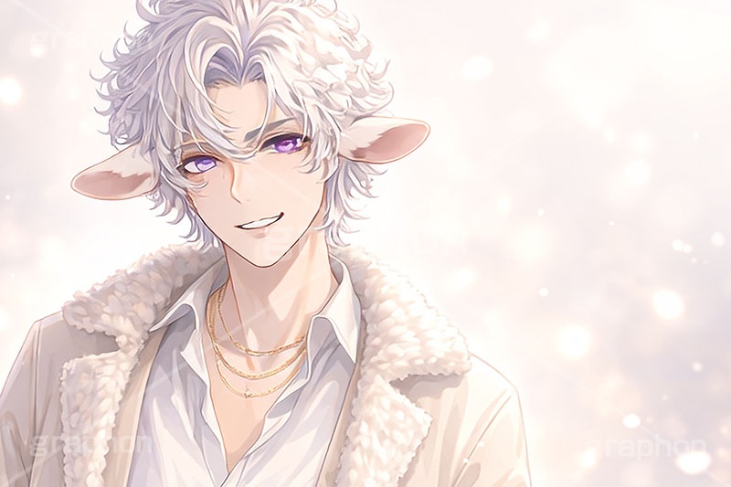 白羊のイケメン,白羊,ひつじ,ヒツジ,羊,シープ,擬人化,イケメン,男子,男の子,美男子,人物,カッコイイ,かっこいい,やさしい,優しい,癒し系,未,未年,干支,もこもこ,モコモコ,イラスト,キャラクター,illustration,sheep,character,japan,clay,AI生成素材