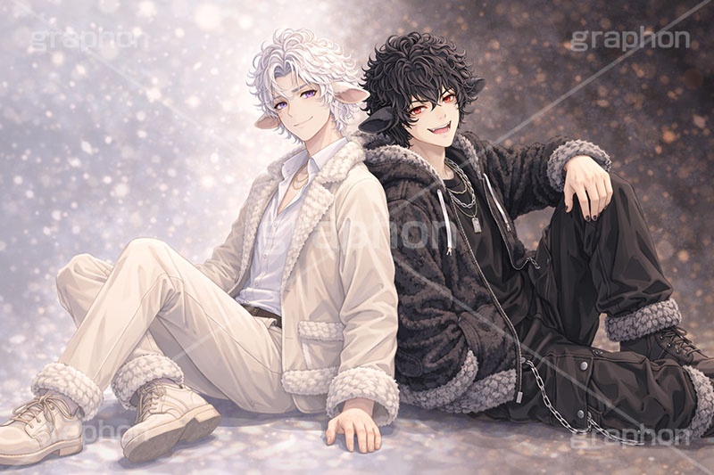 白羊＆黒羊,白羊のイケメン,白羊,黒羊のイケメン,黒羊,ひつじ,ヒツジ,羊,シープ,擬人化,イケメン,男子,男の子,美男子,人物,カッコイイ,かっこいい,クール,未,未年,干支,もこもこ,モコモコ,イラスト,キャラクター,illustration,sheep,character,japan,clay,AI生成素材