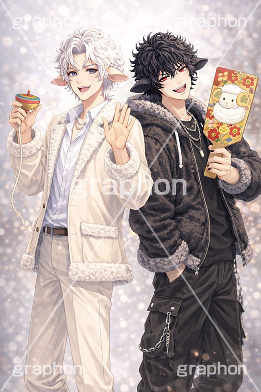 白羊＆黒羊,白羊のイケメン,白羊,黒羊のイケメン,黒羊,ひつじ,ヒツジ,羊,シープ,擬人化,イケメン,男子,男の子,美男子,人物,カッコイイ,かっこいい,クール,お正月,正月,お正月遊び,こま,コマ,羽子板,羽根つき,羽根突き,年賀状,未,未年,干支,もこもこ,モコモコ,イラスト,キャラクター,illustration,sheep,character,japan,clay,AI生成素材