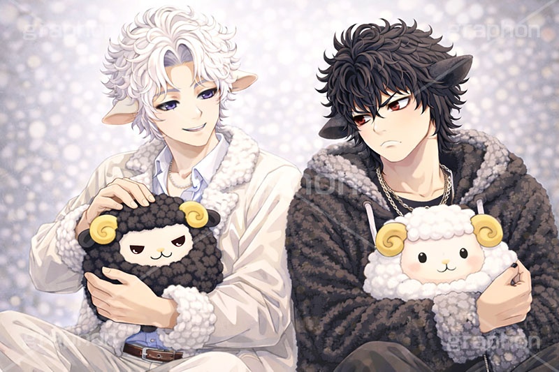白羊＆黒羊,白羊のイケメン,白羊,黒羊のイケメン,黒羊,ひつじ,ヒツジ,羊,シープ,擬人化,イケメン,男子,男の子,美男子,人物,カッコイイ,かっこいい,クール,未,未年,干支,もこもこ,モコモコ,イラスト,キャラクター,illustration,sheep,character,japan,clay,AI生成素材