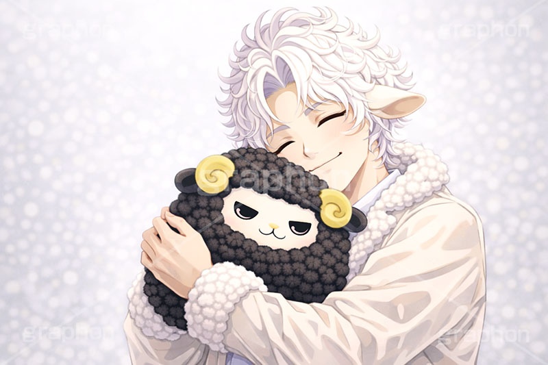 白羊のイケメン,白羊,ひつじ,ヒツジ,羊,シープ,擬人化,イケメン,男子,男の子,美男子,人物,ぬいぐるみ,抱く,抱きしめる,マスコット,カッコイイ,かっこいい,やさしい,優しい,癒し系,未,未年,干支,もこもこ,モコモコ,イラスト,キャラクター,illustration,sheep,character,japan,clay,AI生成素材