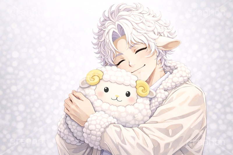 白羊のイケメン,白羊,ひつじ,ヒツジ,羊,シープ,擬人化,イケメン,男子,男の子,美男子,人物,ぬいぐるみ,抱く,抱きしめる,マスコット,カッコイイ,かっこいい,やさしい,優しい,癒し系,未,未年,干支,もこもこ,モコモコ,イラスト,キャラクター,illustration,sheep,character,japan,clay,AI生成素材